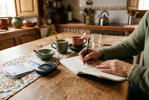 Manos anotando preguntas en un cuaderno junto a un medidor de glucosa en la mesa de la cocina