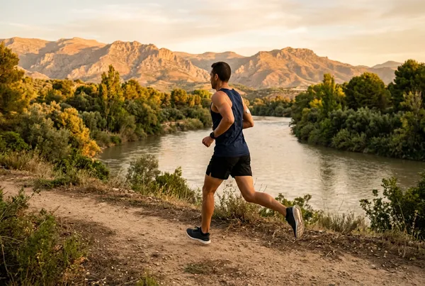 Hombre corriendo al amanecer por un camino junto al río con montañas al fondo