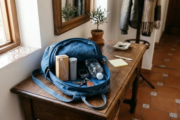 Mochila abierta en la entrada de casa con zumo, pastillas de glucosa, medidor, llaves y agua