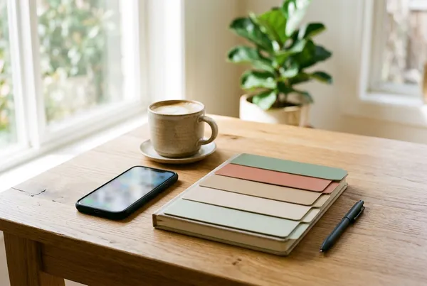 Cuaderno de trabajo con cinco separadores, móvil y café sobre una mesa luminosa