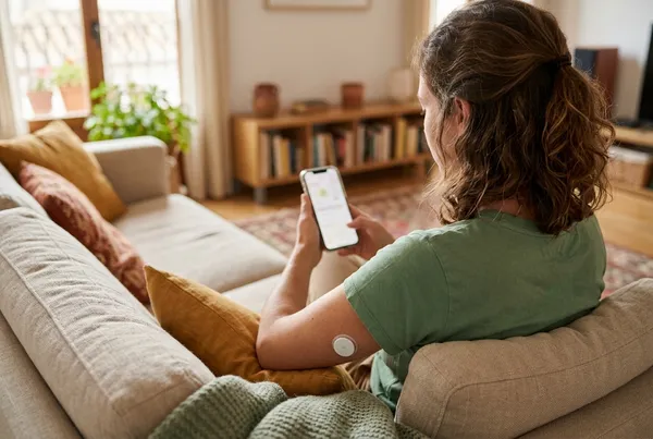 Mujer de espaldas en el sofá consultando el móvil, con un sensor de glucosa en la parte posterior del brazo