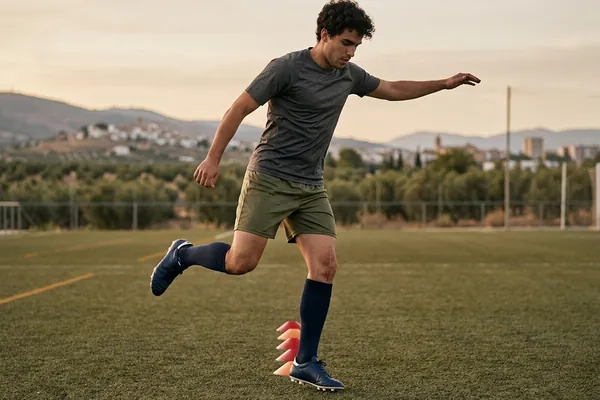 Joven haciendo un salto suave a una pierna en un campo de fútbol municipal durante el entrenamiento
