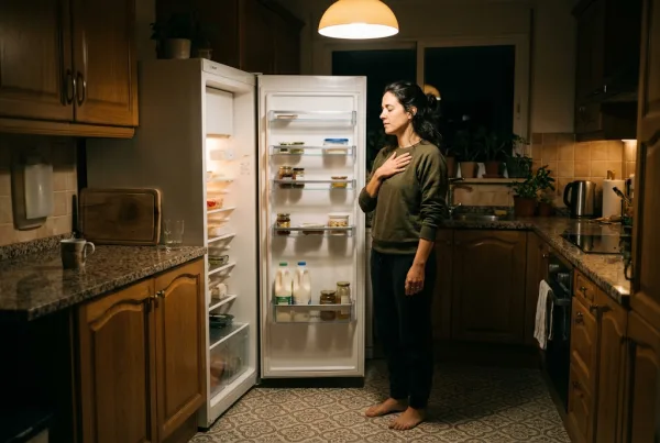 Mujer en la cocina de noche que se detiene junto a la nevera y respira hondo