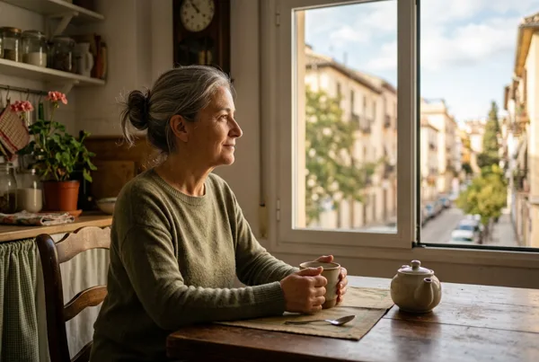 Persona sentada junto a una ventana con una infusión