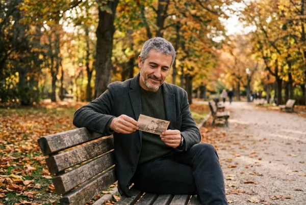 Hombre en un banco de un parque en otoño mirando una fotografía antigua
