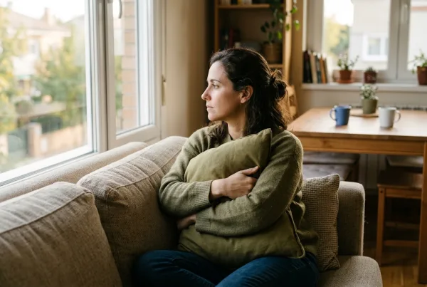 Mujer en el sofá abrazando un cojín y mirando por la ventana con gesto reflexivo