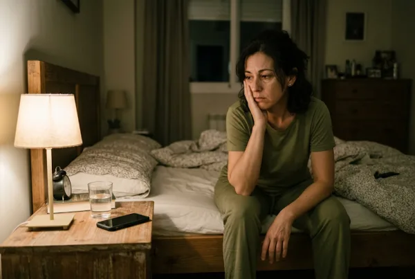 Mujer sentada de noche en el borde de la cama, sin poder dormir, junto a la lámpara de la mesilla