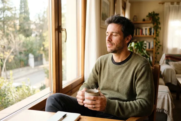 Hombre junto a una ventana luminosa con una taza entre las manos, respirando con calma